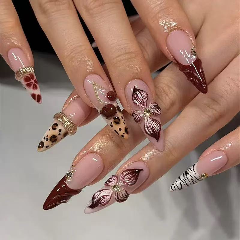 Chic Dessert Dream Long Stiletto Burgundy and Neutral with Floral and Animal Print Accents Press-On Nail Set