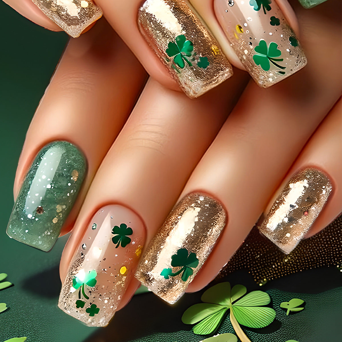 Nails with gold, green, and white designs on a green background
