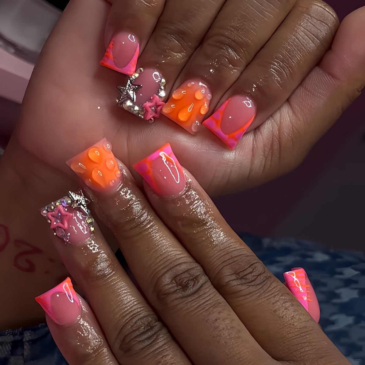 Tropical Vibes Medium Duck Neon Pink and Orange Nail Set with Glittering Star Accents