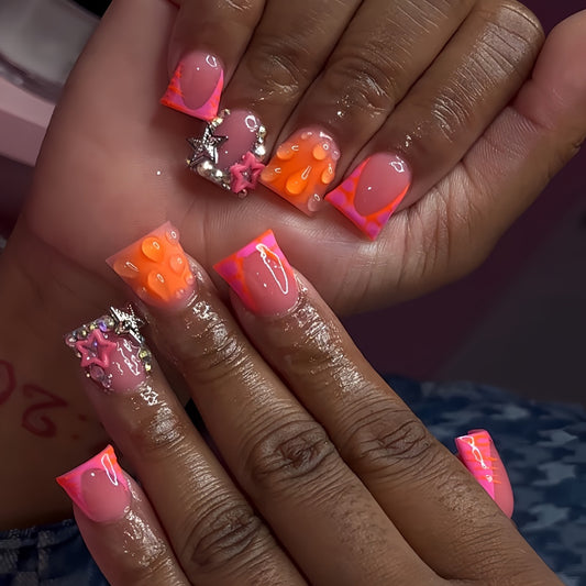 Tropical Vibes Medium Duck Neon Pink and Orange Nail Set with Glittering Star Accents