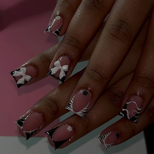 Chic Elegance Medium Square Blush and Black with Unique Bow Accents Press on Nail Set
