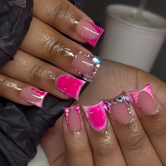 Glamorous Oasis Medium Square Pink Iridescent Gem-Studded Press-On Nail Set