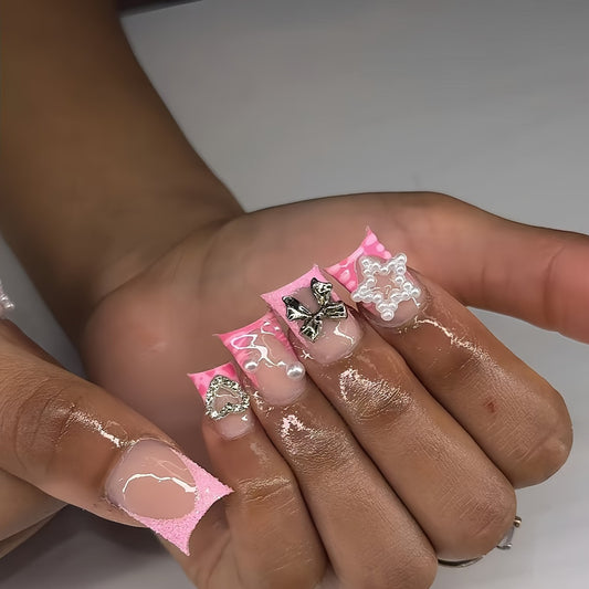 Chic Butterfly Dreams Medium Square Pink Press On Nail Set with Glamorous Metallic Accents