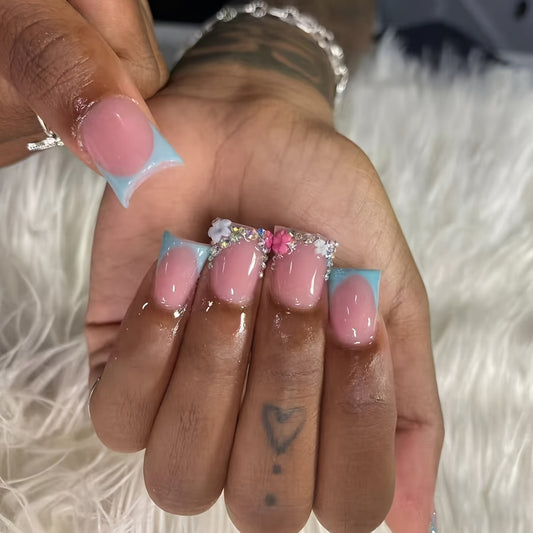 Whimsical Elegance Medium Square Blue and Pink Glittering Floral Press On Nail Set