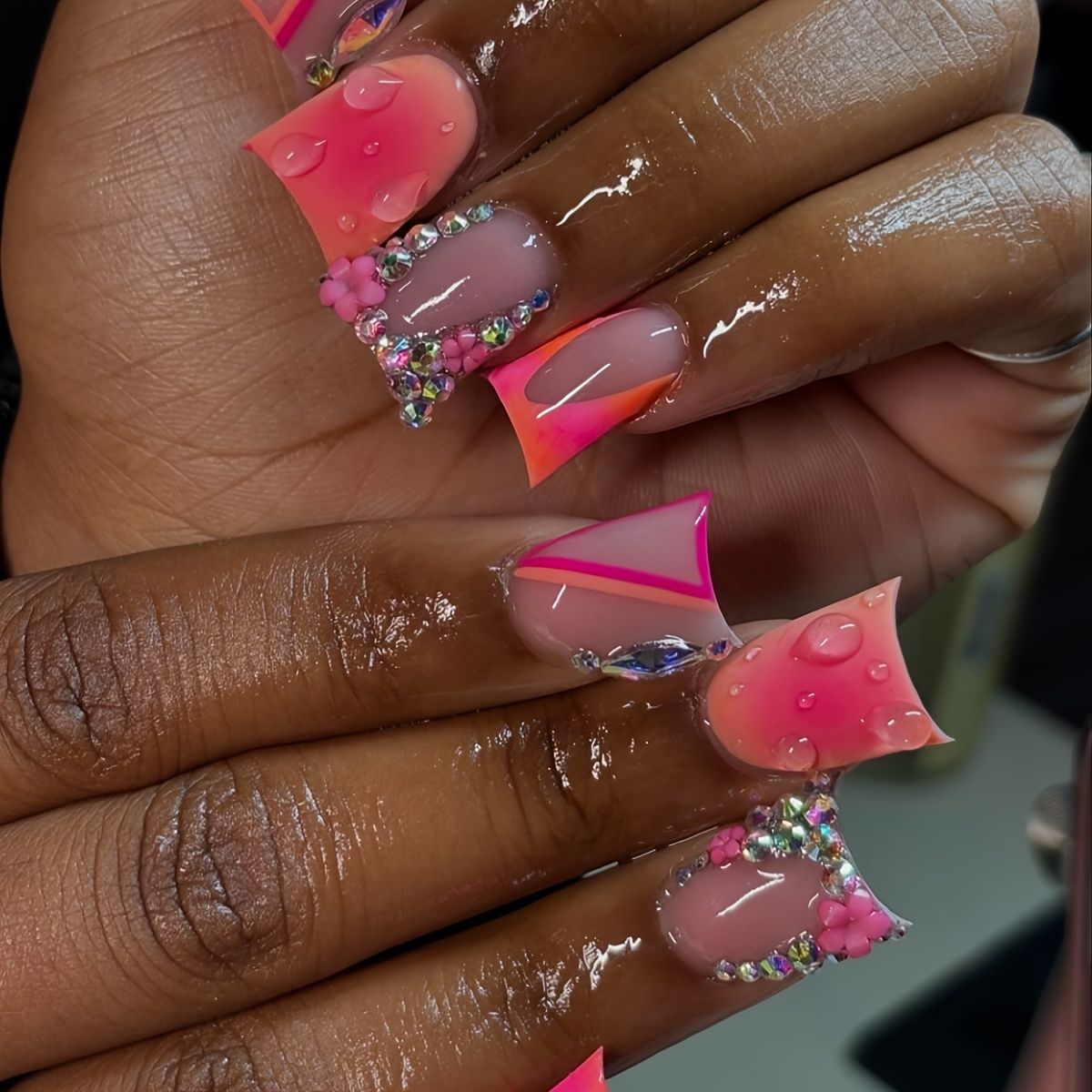 Vibrant Garden Dream Press-On Nail Set Medium Square Shape Soft Pink with Shimmering Floral Accents