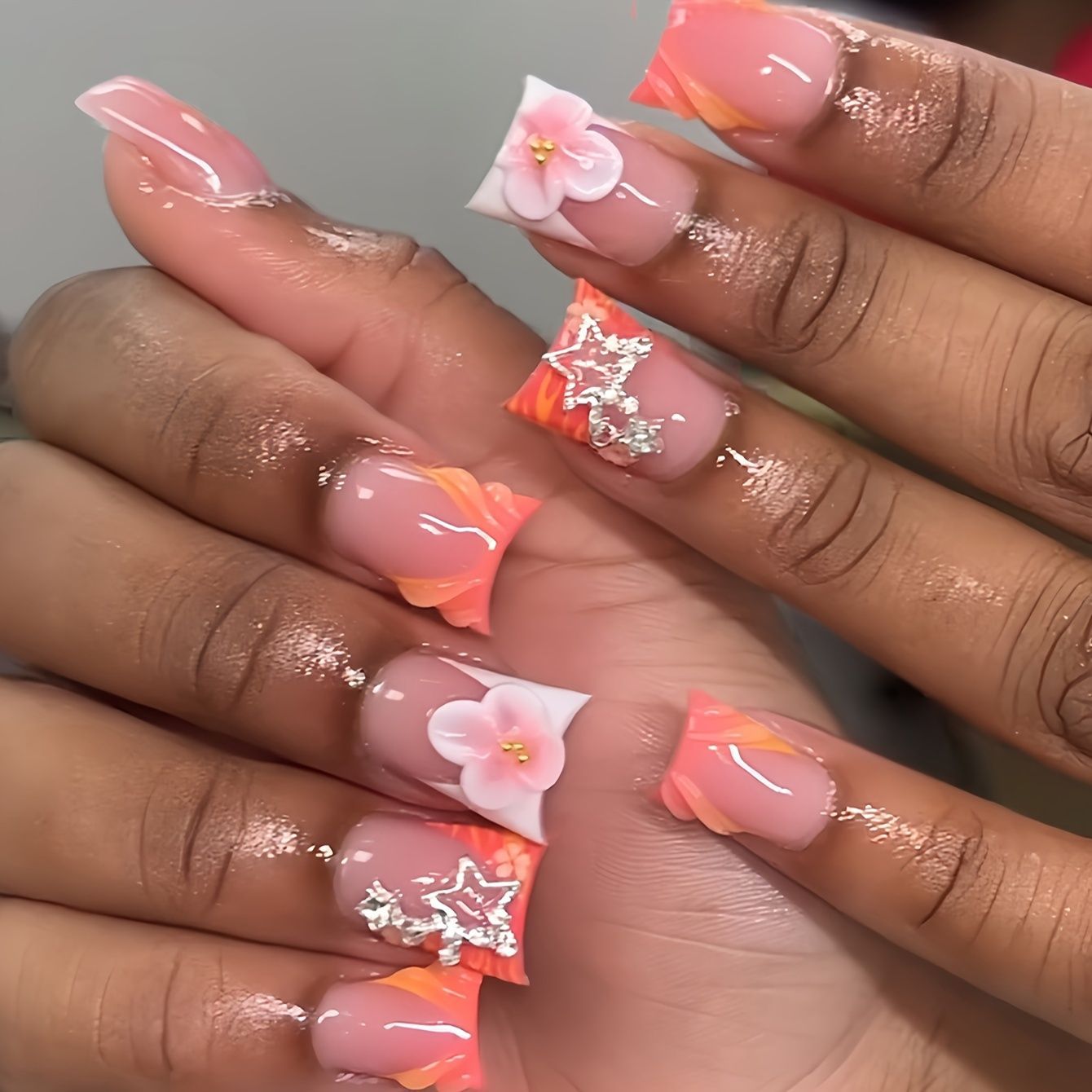 Tropical Bliss Medium Square Press On Nails in Vibrant Coral with Flower and Star Accents