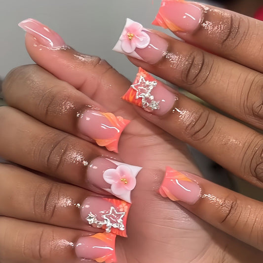 Tropical Bliss Medium Square Press On Nails in Vibrant Coral with Flower and Star Accents