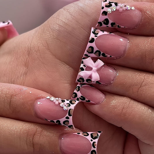 Fierce Fashion Leopard Print Medium Duck Pink Press On Nail Set with Bow and Gem Accents