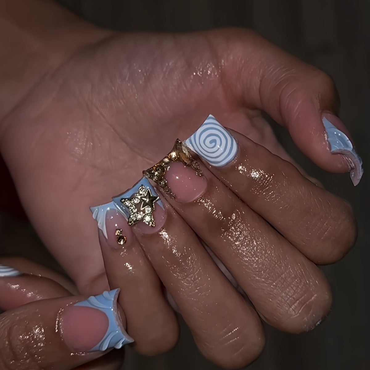 Sweet Dreamy Pastels Medium Duck Light Blue with Unique Star and Swirl Accents Press On Nail Set