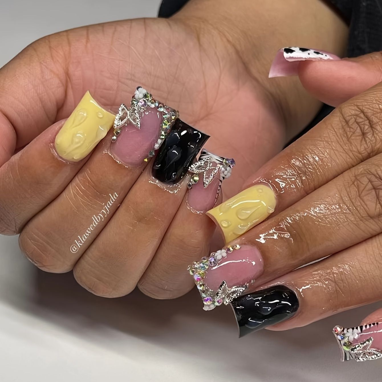 Whimsical Charm Long Duck Multi-Colored Nails with Unique Gemstone Accents