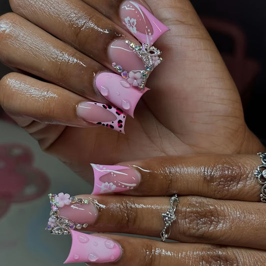 Whimsical Blossoms Medium Duck Pink Nail Set with Unique Gem and Floral Accents