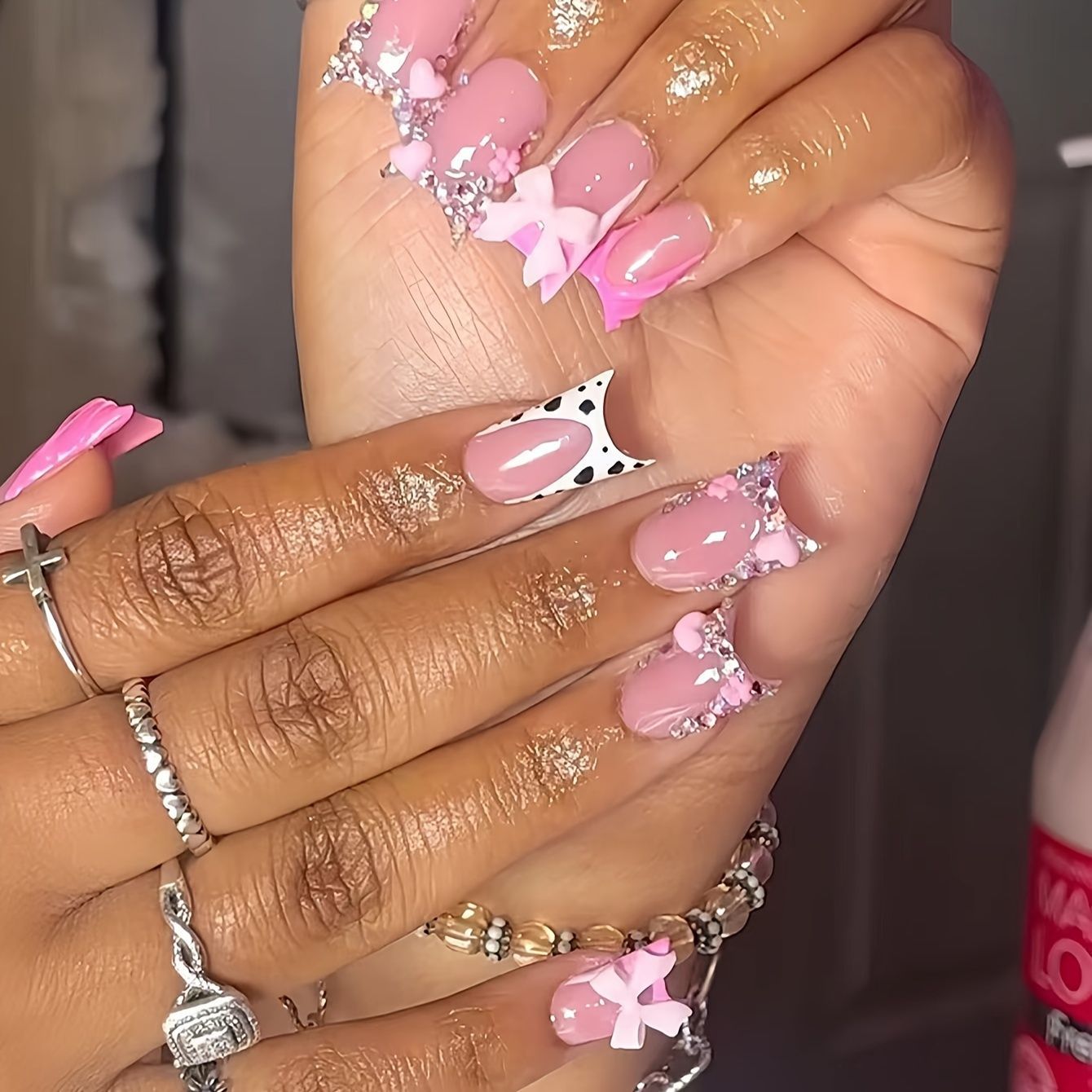 Chic Pink Glamour Long Duck Colorful Bow and Glitter Accent Press On Nail Set