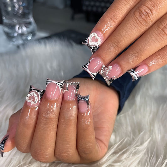 Chic Glamour Press on Nail Set Long Duck Pink with Heart and Gem Accents