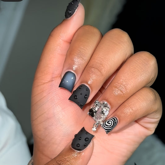 Mystical Night Elegance Long Duck Black and Gray Press On Nail Set with Unique Gemstone Accents