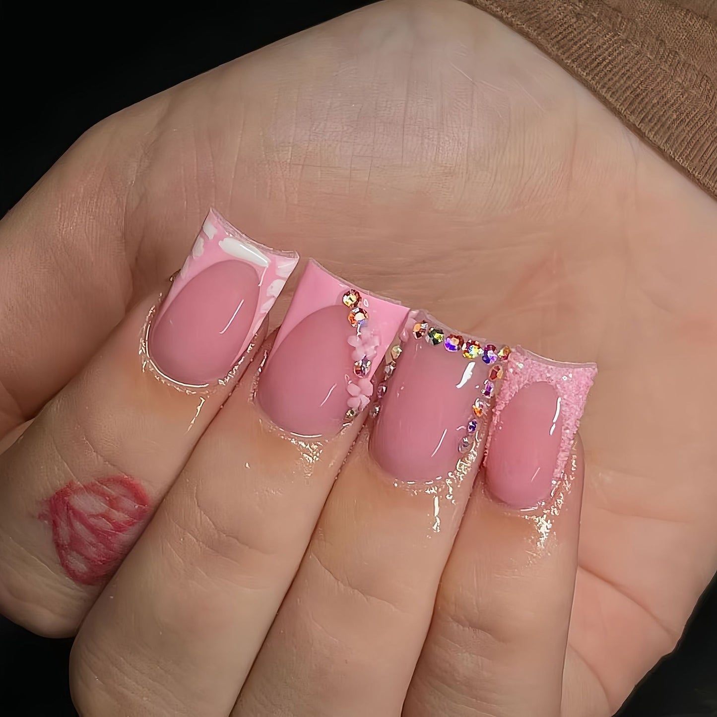 Blossom Elegance Long Duck Pink Press On Nail Set with Glitter and Rhinestone Accents