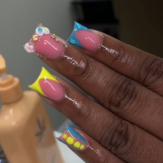 Dreamy Tropical Vibes Long Duck Shaped Bright Pink Blue and Yellow Press On Nail Set with Fun Floral Gem Accents