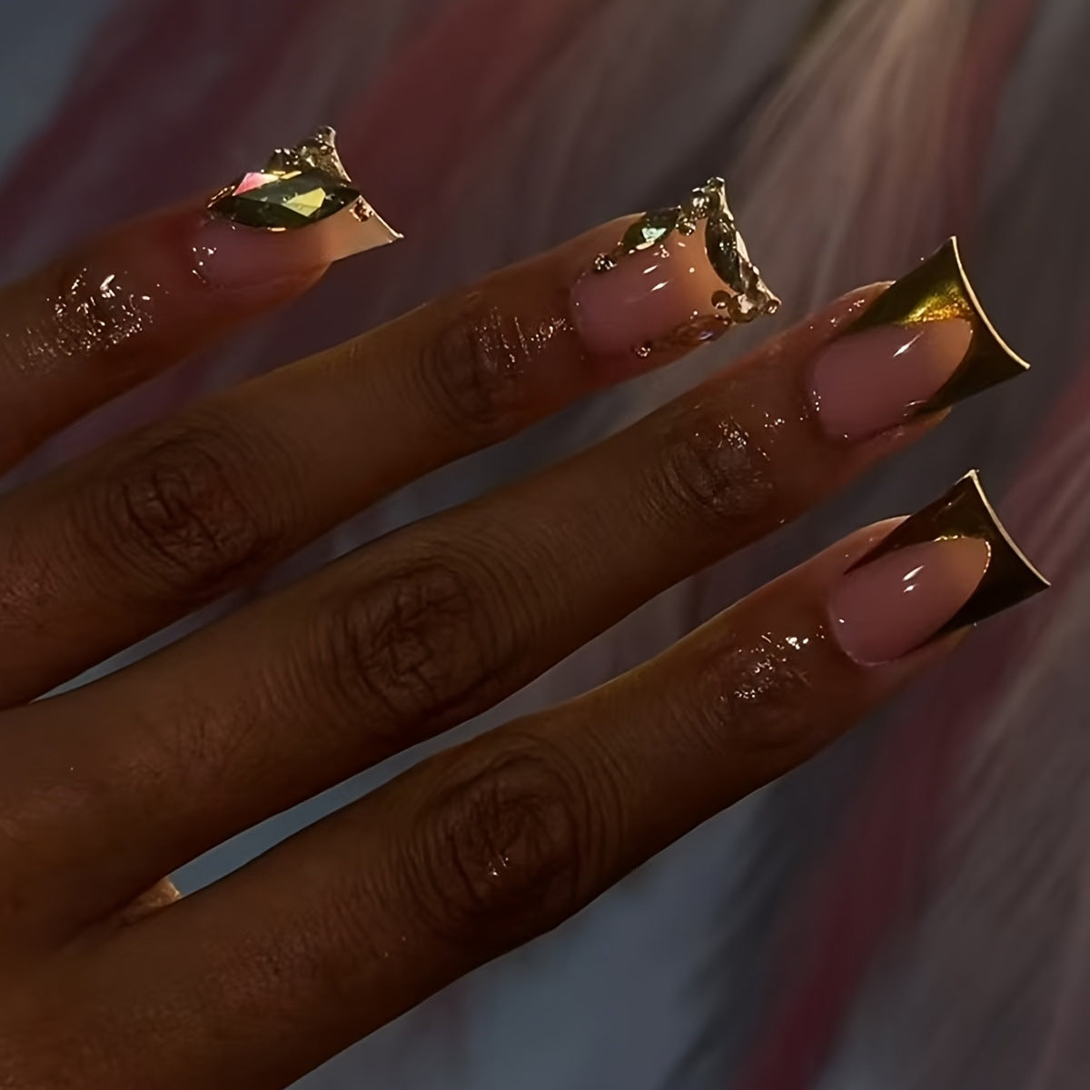 Glamorous Elegance Long Duck Shape Soft Pink Color with Dazzling Gold Accents Press On Nail Set