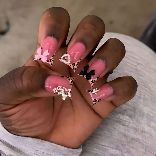 Chic Butterfly Dream Long Duck Pink Nails with Leopard Accent and Glittering Charms