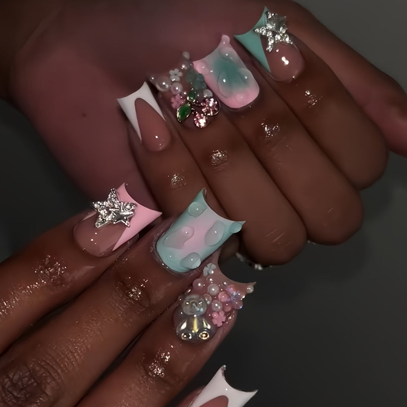 Whimsical Delight Long Duck Shaped Aqua Pink with Charming Floral and Gem Embellishments Press On Nail Set