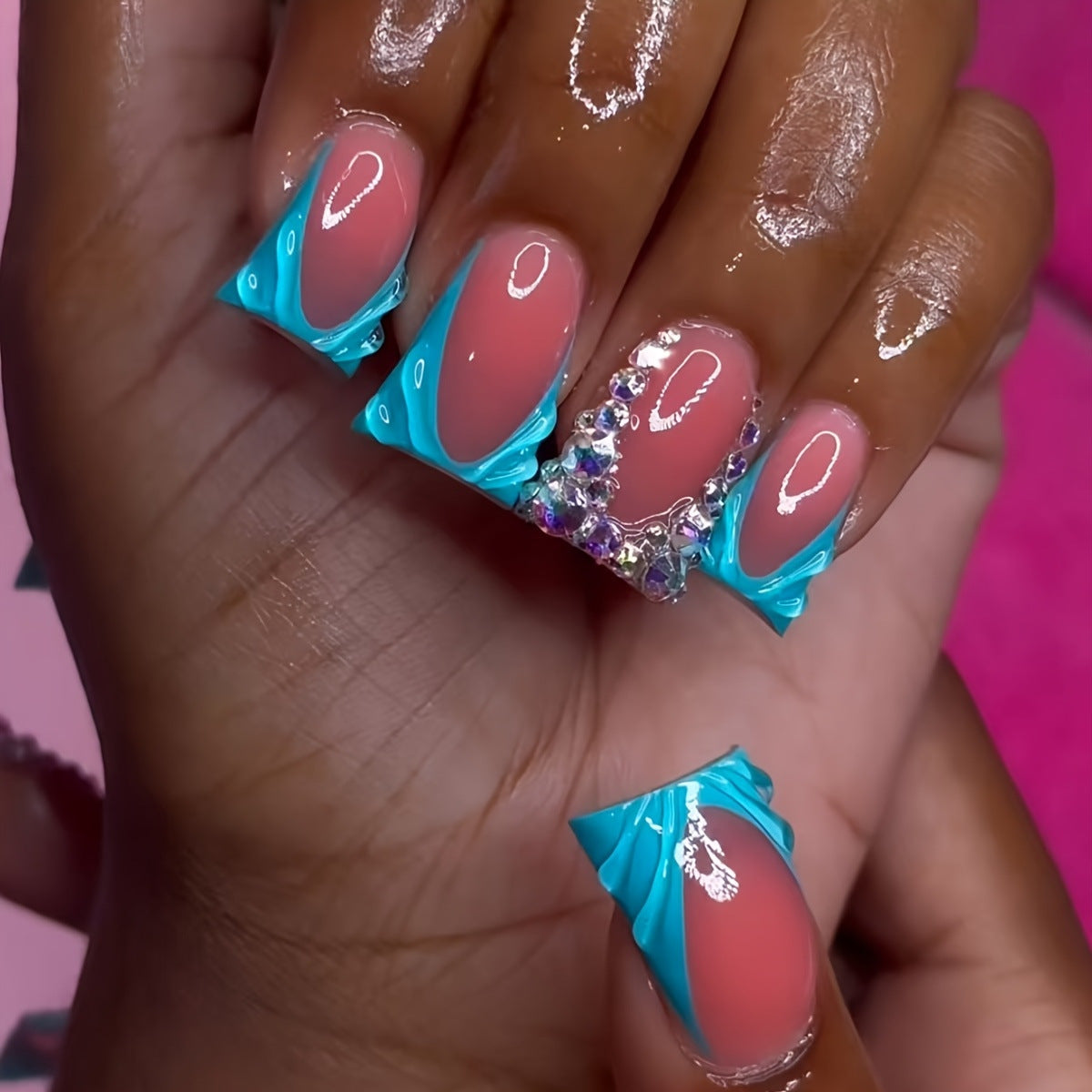 Tropical Vibes Extra Long Duck Shape Light Pink with Aqua Swirl Design and Sparkling Gems Press On Nail Set