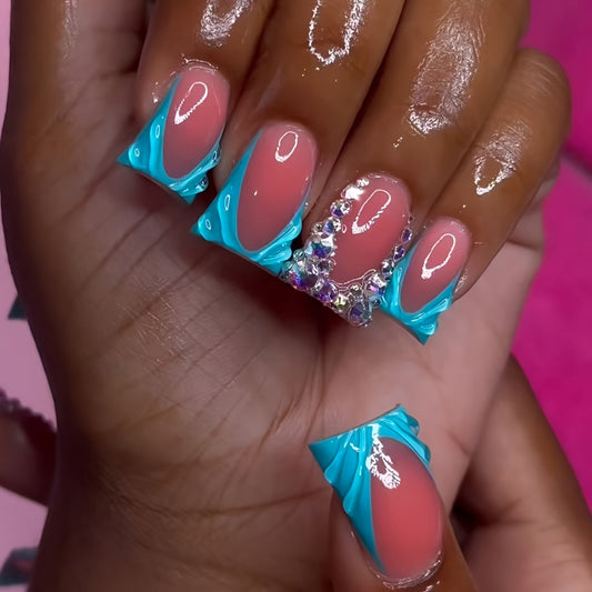 Tropical Vibes Extra Long Duck Shape Light Pink with Aqua Swirl Design and Sparkling Gems Press On Nail Set