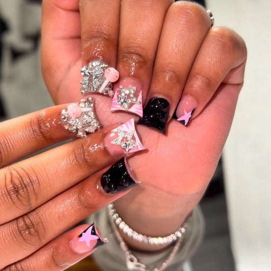 Galactic Glamour Long Duck Pink and Black with Dazzling Star Accents Press On Nail Set