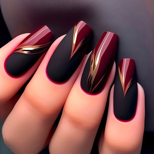 Enchanting Elegance Long Coffin Burgundy and Black Press On Nails with Gold Swoosh Accent