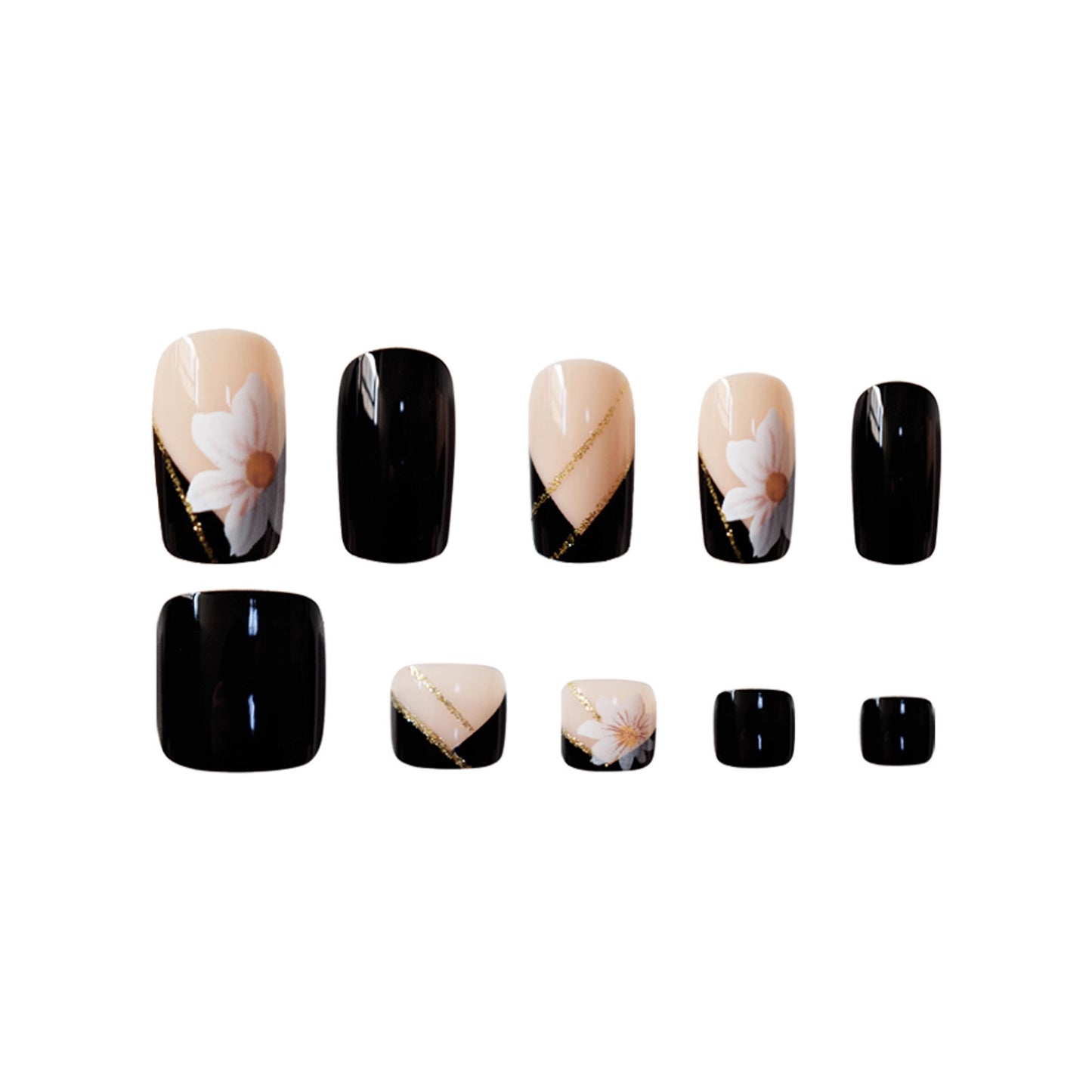 Chic Floral Elegance Long Square Black and Beige Press On Nail Set with Gold Accent Details
