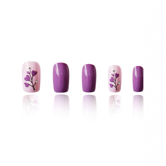 Whimsical Floral Dream Long Square Gradient Purple Press On Nail Set with Charming Gem Accents