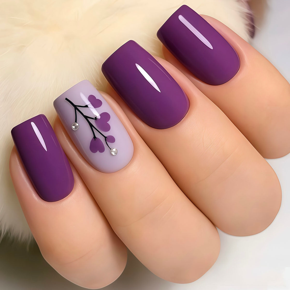 Charming Orchid Inspiration Long Square Purple Nail Set with Elegant Floral Accent