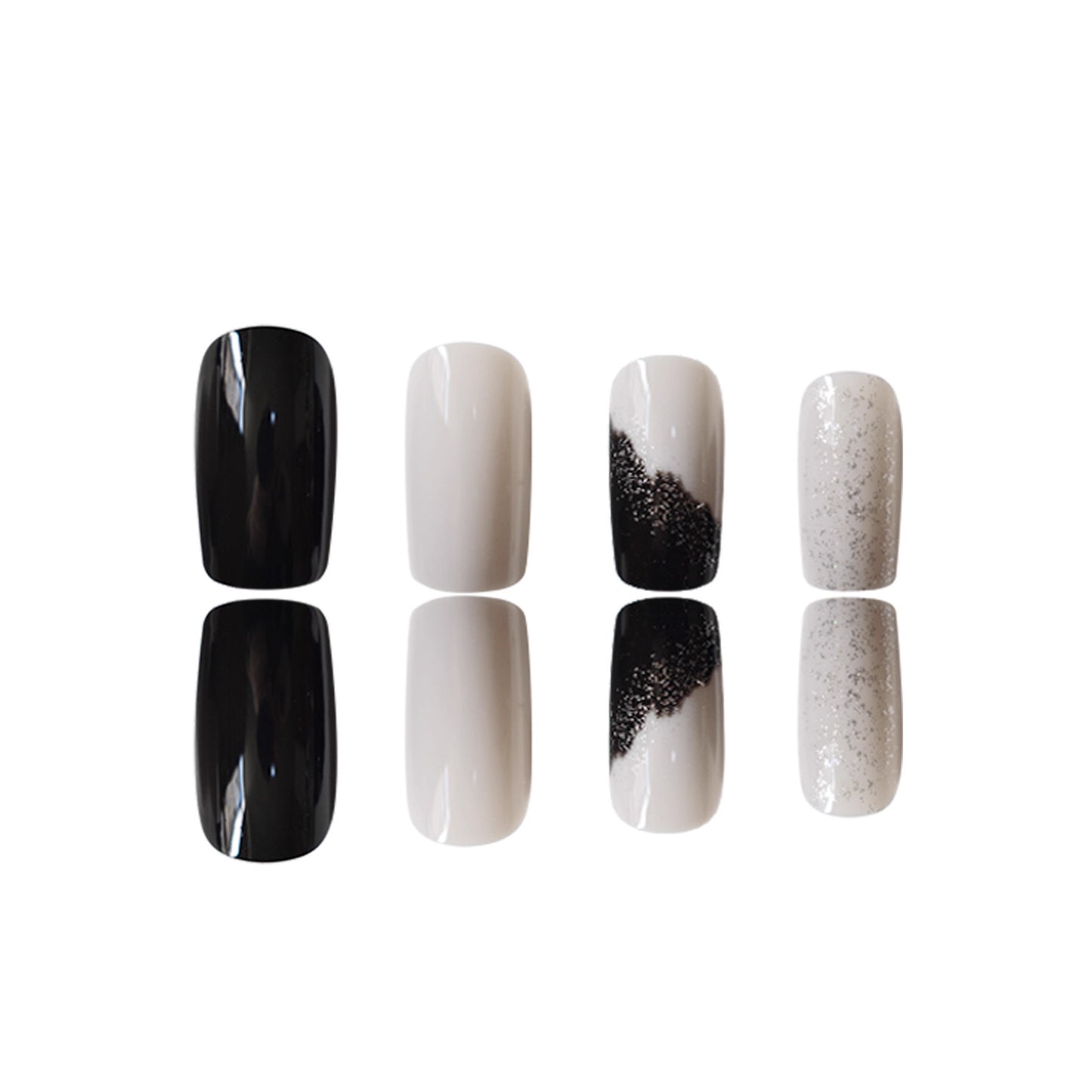Chic Monochrome Fashion Long Square Glossy Black and White Nail Set with Sparkling Accent Feature