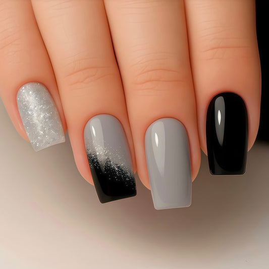 Gothic Glamour Long Square Gray Black and Silver Glitter Press On Nail Set