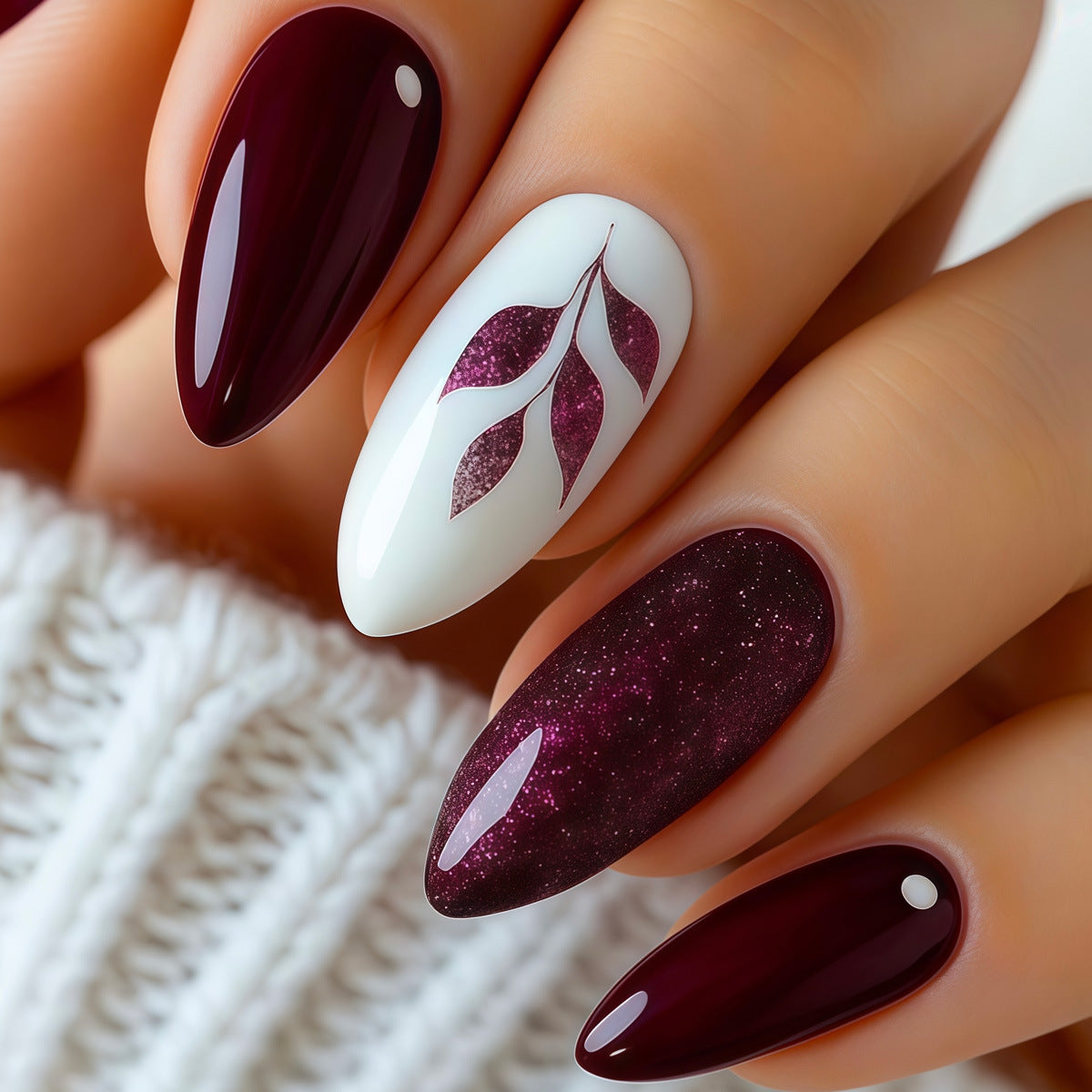 Autumn Elegance Long Almond Burgundy Set with Sparkling Galaxy Feature