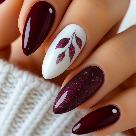 Autumn Elegance Long Almond Burgundy Set with Sparkling Galaxy Feature