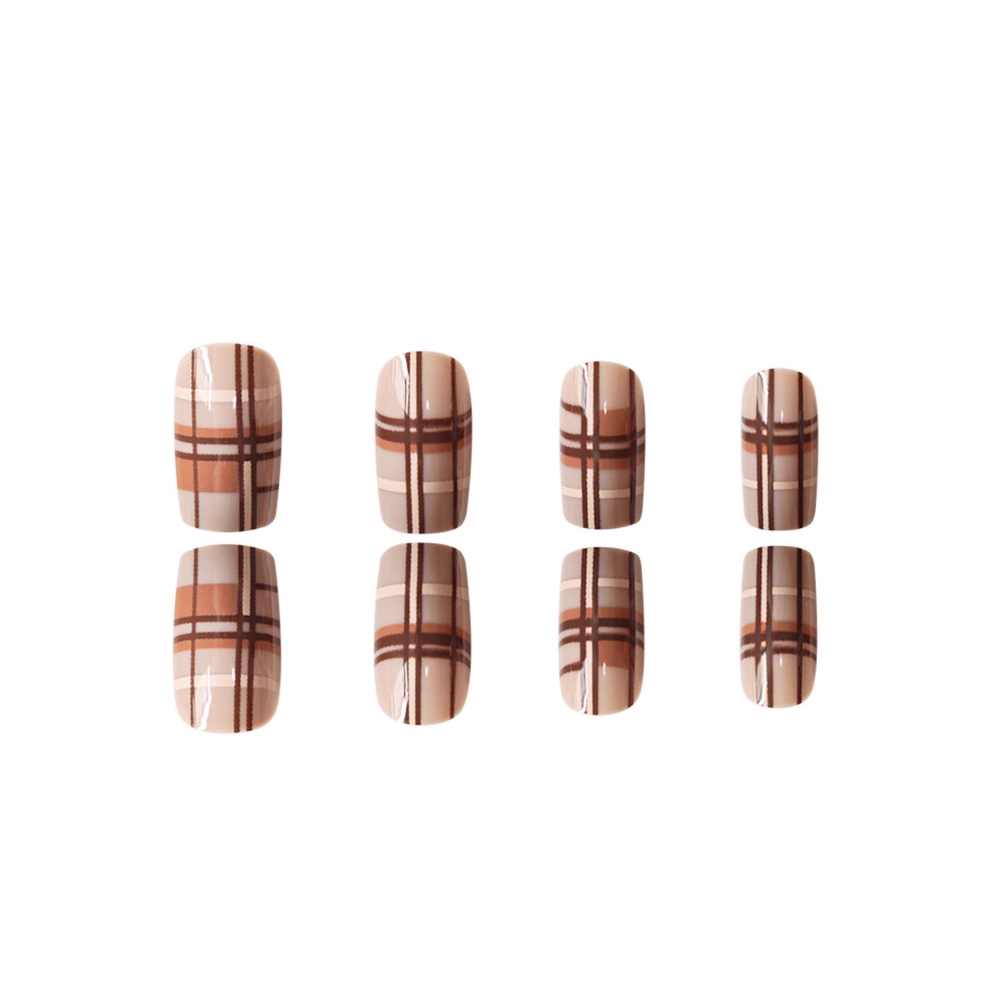 Elegant Autumn Vibes Medium Square Brown Plaid Pattern Press On Nail Set
