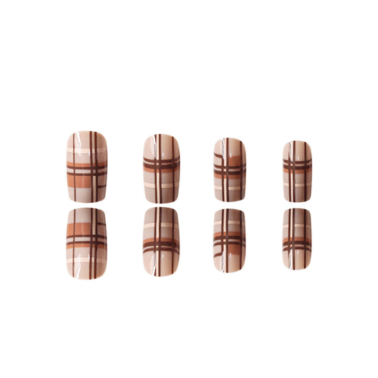 Elegant Autumn Vibes Medium Square Brown Plaid Pattern Press On Nail Set