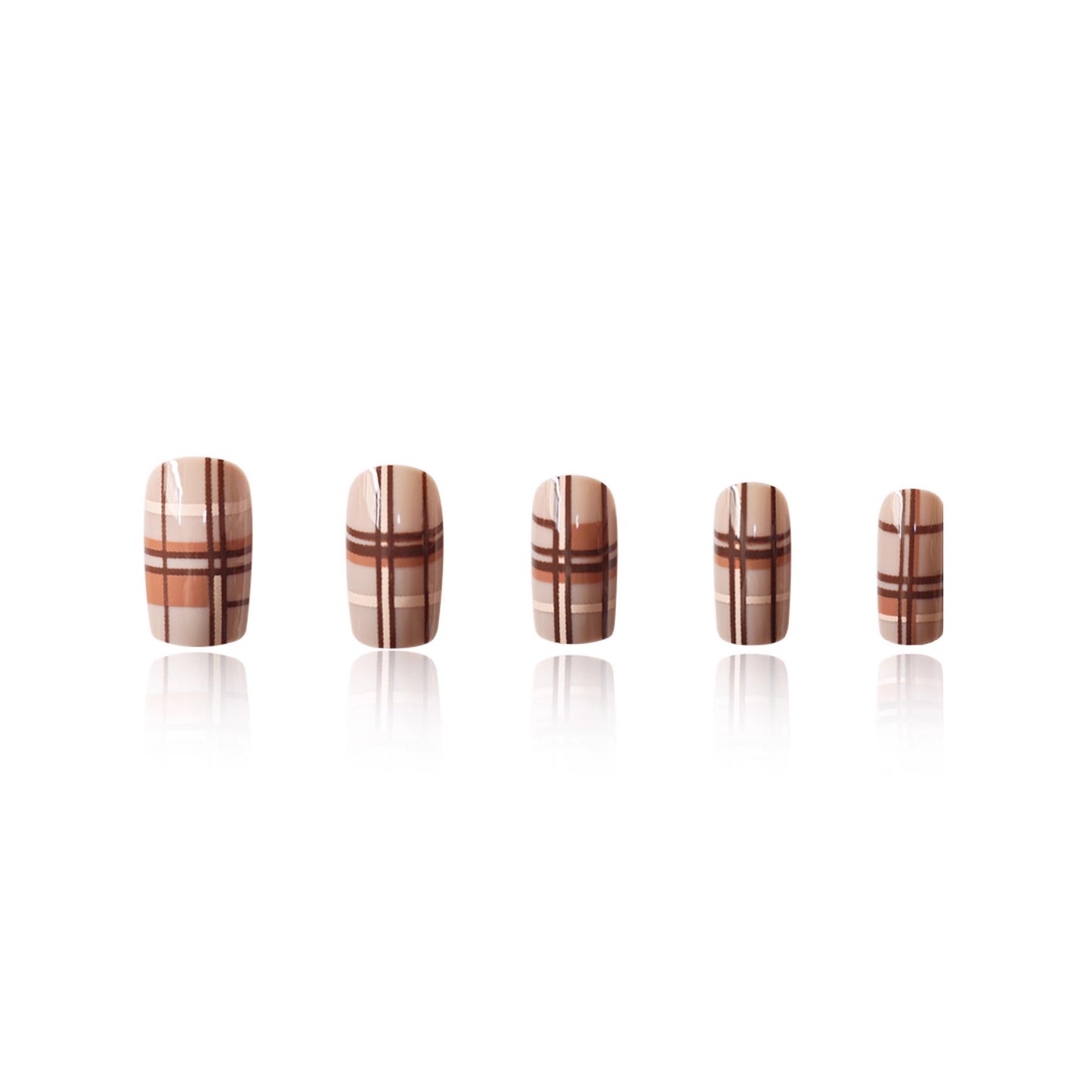 Chic Plaid Elegance Long Square Almond Beige Brown Checkered Press On Nail Set