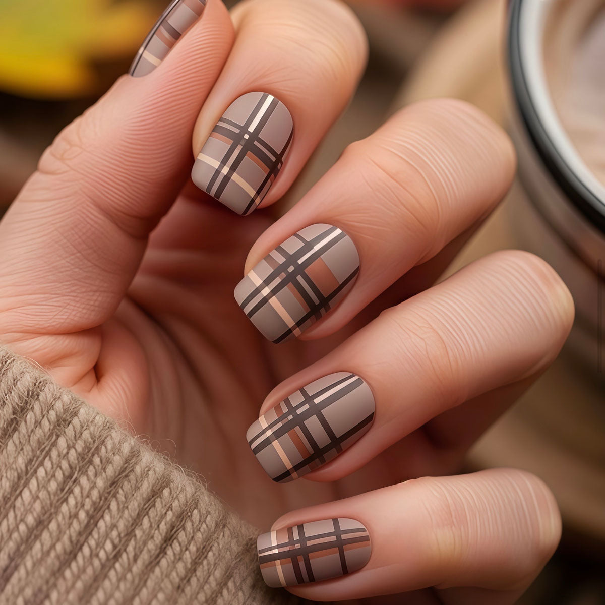 Autumn Chic Short Square Matte Taupe Press-On Nail Set with Elegant Plaid Design