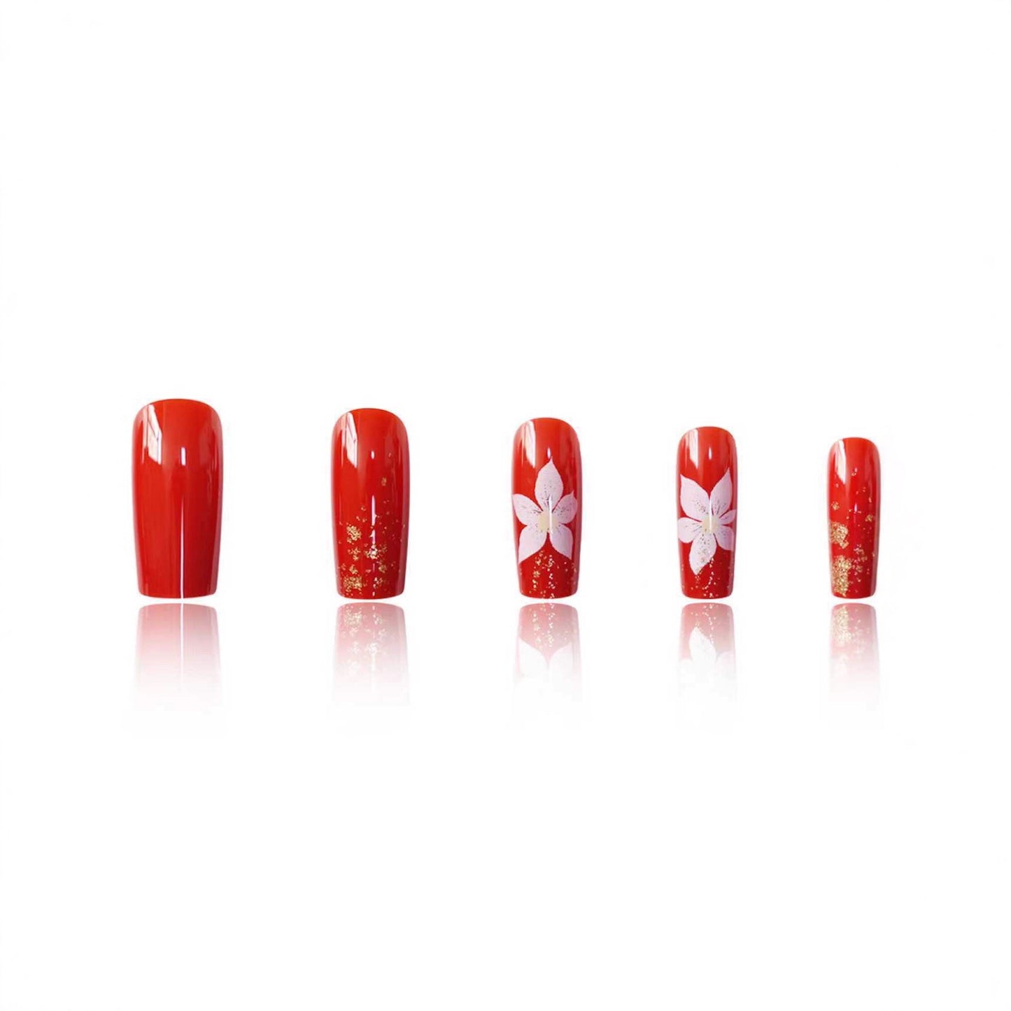 Elegant Blossom Harmony Red Long Square Press-On Nail Set with Floral Glitter Accent