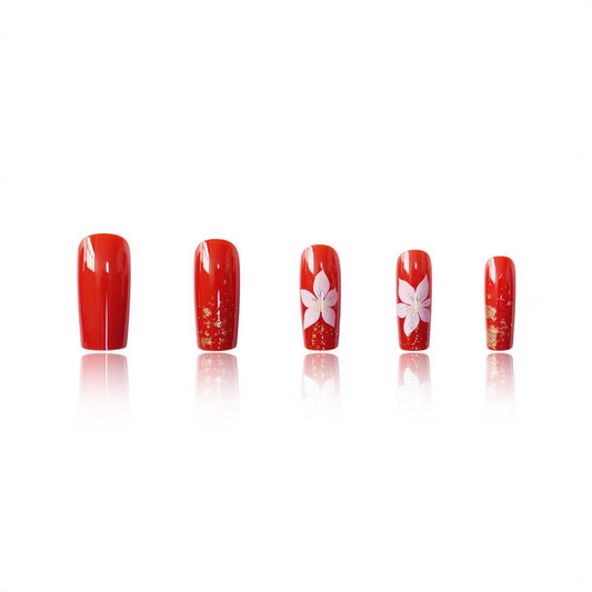 Elegant Blossom Harmony Red Long Square Press-On Nail Set with Floral Glitter Accent