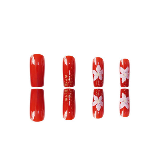 Cherry Blossom Delight Long Square Red Nails with Floral and Glitter Accents
