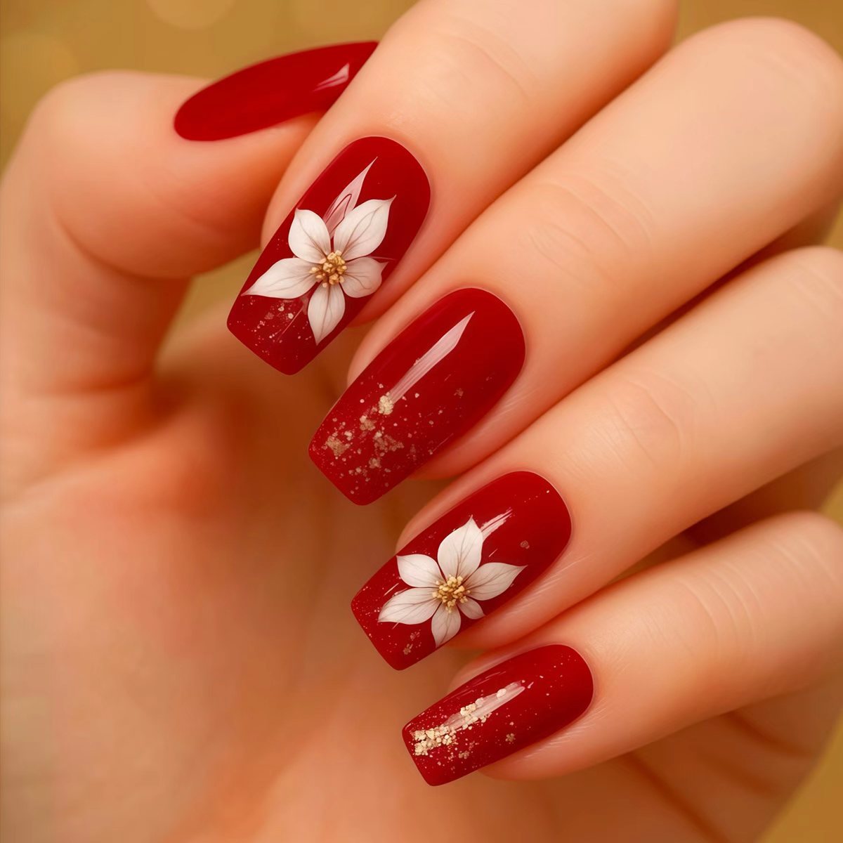 Festive Elegance Long Square Red Nails with Flower Design and Glitter Accents