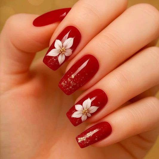 Festive Elegance Long Square Red Nails with Flower Design and Glitter Accents