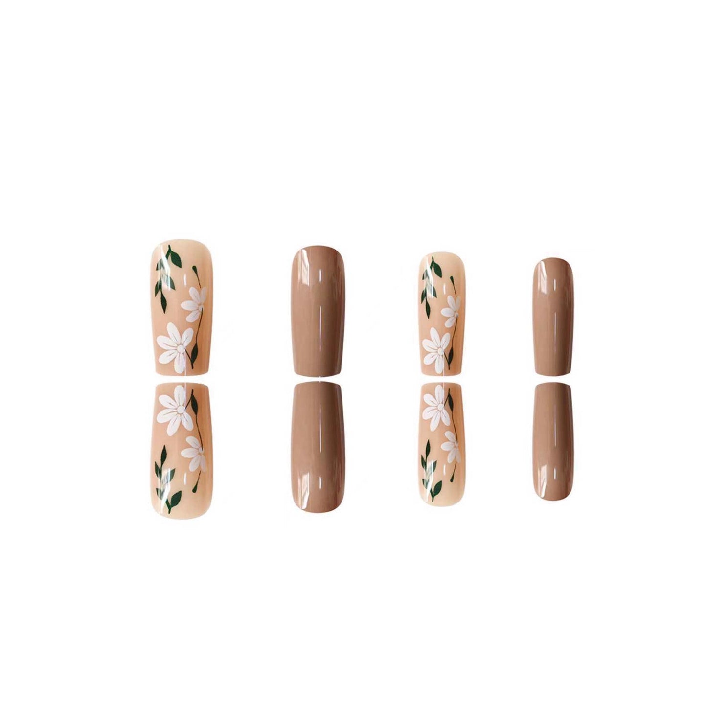 Essentially Floral Long Square Beige with Elegant Flower Design Press On Nail Set