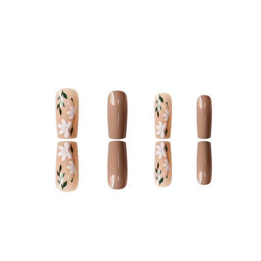 Essentially Floral Long Square Beige with Elegant Flower Design Press On Nail Set