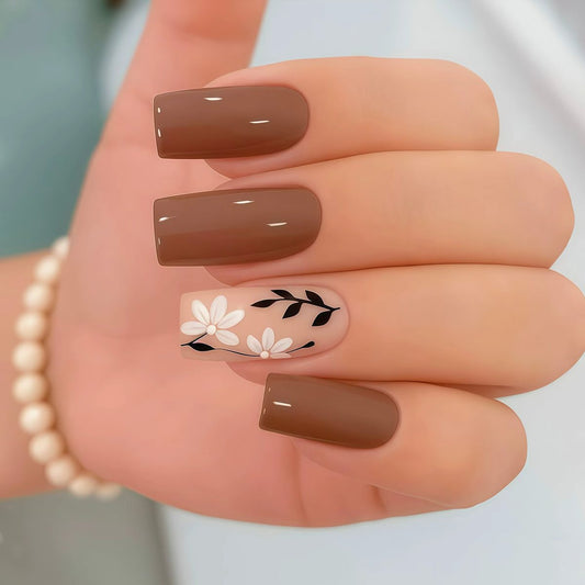 Nature's Elegance Long Square Brown Press-On Nail Set with Floral Accent Design