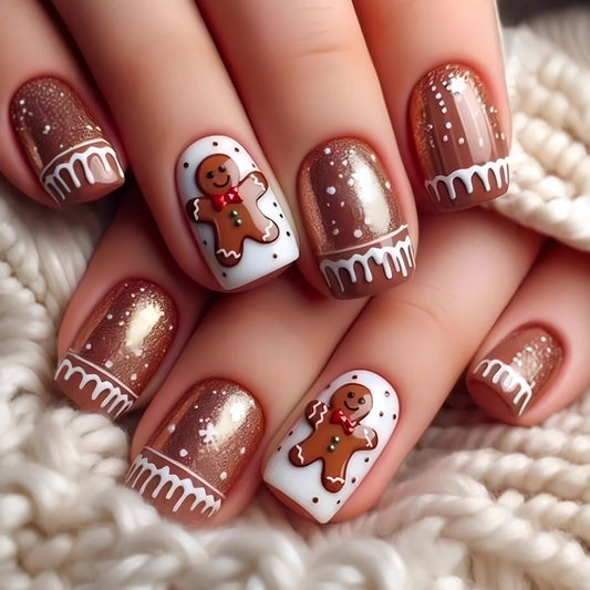 Gingerbread Delight Medium Square Brown Glitter Press On Nail Set with Cute Gingerbread Man Design
