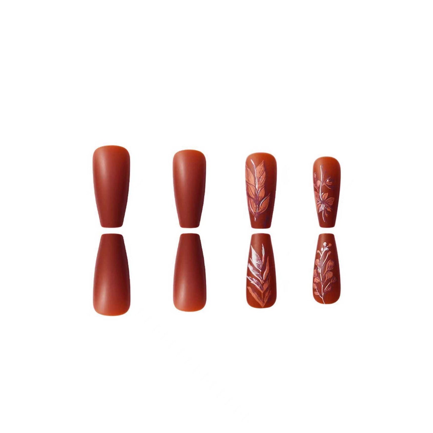 Autumn Elegance Long Coffin Terracotta with Floral Imprints Press-On Nail Set