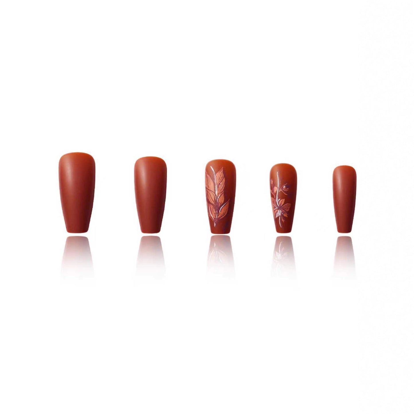 Autumn Elegance Charming Long Coffin Shaped Terracotta Nails with Intricate Leaf Designs