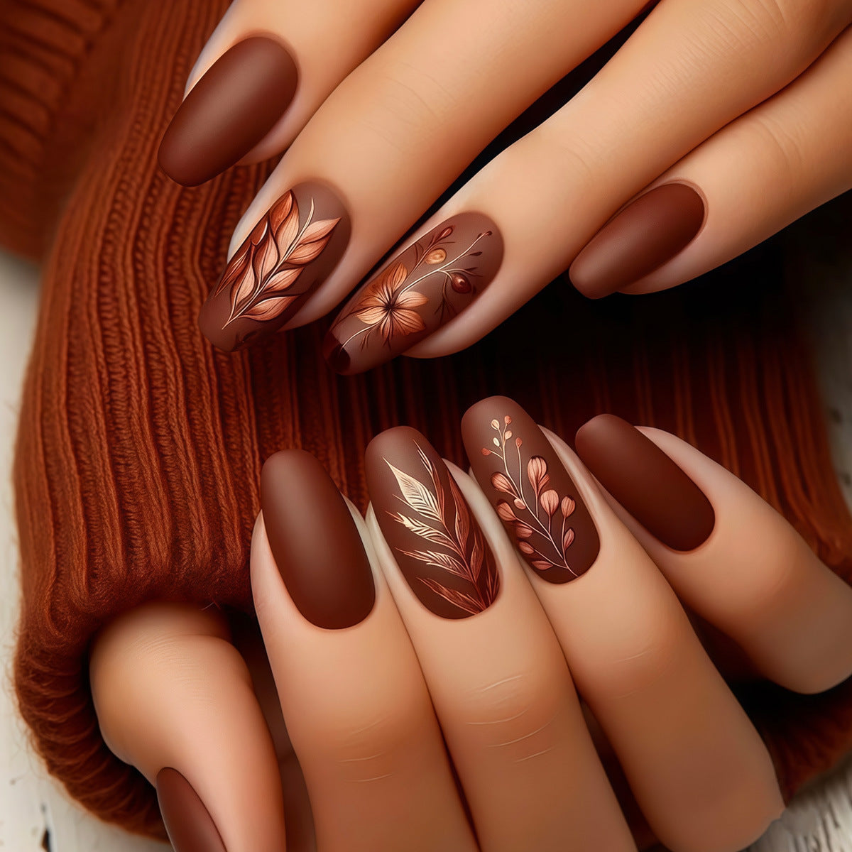 Autumn Elegance Long Oval Matte Brown Nail Set with Delicate Floral Designs